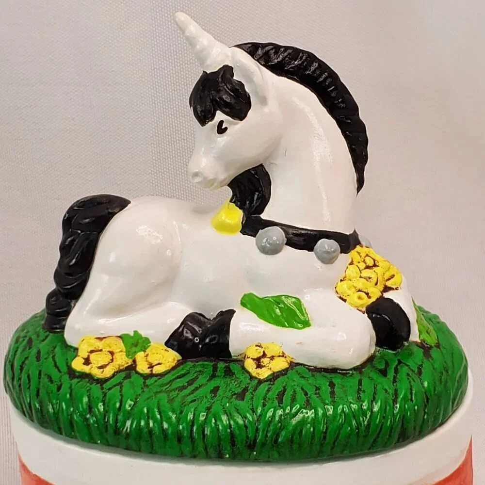Vintage Y2K Hand painted Ceramic Unicorn Small Trinket Jewelry Box Holder